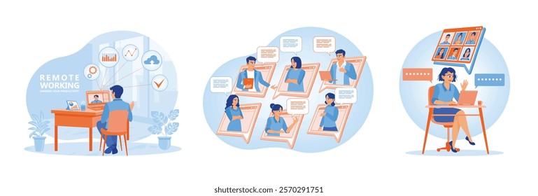 Businessman working from home. Business communication via the Internet.Businessman holding meeting via video call. Online Remote Work Concept. Set flat vector illustration.