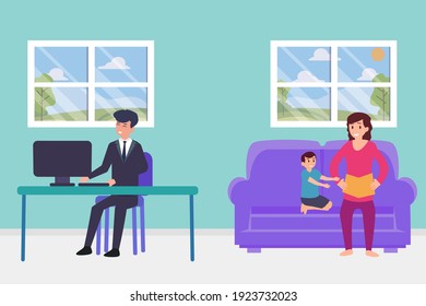 Businessman working at home with computer while his wife and son reading book at home