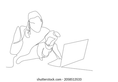 businessman working from home holding little boy and trying to talk on phone