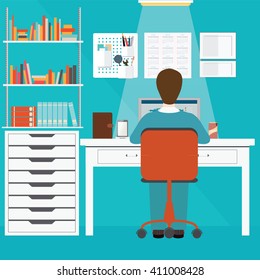 Businessman working in home office, conceptual vector illustration.