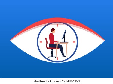 Businessman working inside huge eyes