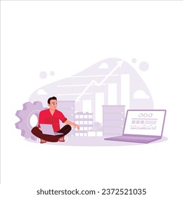 A businessman working with a laptop computer looking at market trading charts. Company concept. Trend Modern vector flat illustration