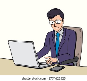 Businessman working with laptop computer and mobile phone, Vector illustration character, draw, sketch, doodle style.