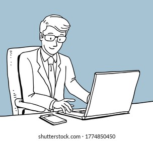 Empresario trabajando con ordenador portátil y teléfono móvil, personaje de ilustración vectorial, dibujo, esbozo, estilo doodle.