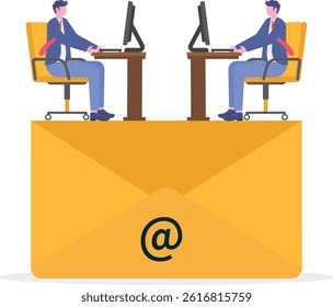 businessman working with laptop computer on email envelopes, email management, efficiency or productive way, handling lots of emails or managing to reply to all emails, prioritizing information.


