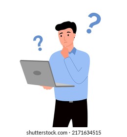 Businessman working with laptop computer thinking of business problem and solution.