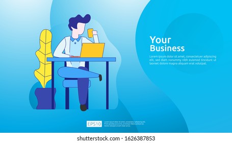 businessman working at a laptop computer in the workplace desk office. Business illustration concept for remote work or freelance with man character. Vector illustration in flat style.