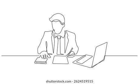 Businessman Working with Laptop Continuous One Line Drawing. Business Working Concept Line Art Template. Vector Illustration Minimalist Style. Not AI