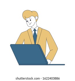 Businessman working with laptop contour illustration. Smiling entrepreneur communicating, manager working online cartoon linear character isolated on white. Boss typing message, chatting, browsing