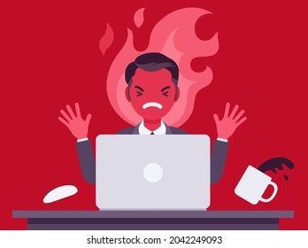 Businessman working with laptop flamed in anger. Burnout, office worker losing temper in annoyance, rage, displeasure with work, overworked employee, computer damage or harm. Vector illustration