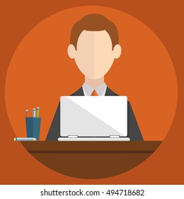 Businessman is working with laptop. Flat modern illustration of working process.