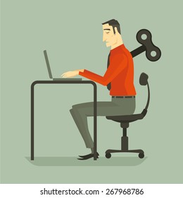 Businessman Working A Laptop Keyboard With Wind Up Key Boring Job. Vector, Illustration.