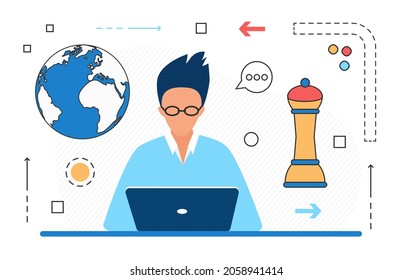 Businessman working with laptop on creative project, global communication strategy vector illustration. Cartoon business process isolated on white