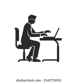 Businessman working with laptop on the desk icon isolated on white