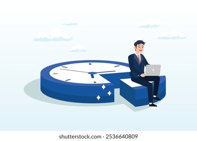 Businessman working with laptop on split time clock, part-time job, work tracking system, day planning or time management, side hustle or office work deadline, start and end time schedule concept