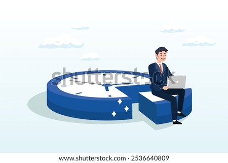 Businessman working with laptop on split time clock, part-time job, work tracking system, day planning or time management, side hustle or office work deadline, start and end time schedule concept