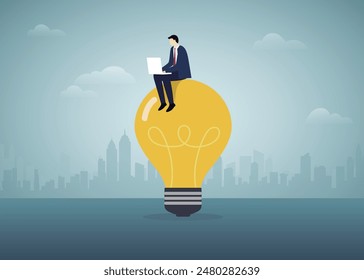 Businessman Working with Laptop and Sitting on Light Bulb. Business Idea Concept.