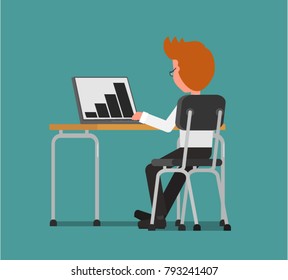 Businessman working with laptop sitting at table. Vector illustration. Flat design style.