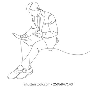 Businessman Working with Laptop and Smartphone — Minimalist Line Art Illustration