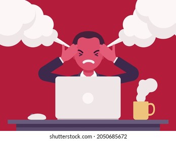 Businessman working with laptop steam coming out of ears, angry. Red faced office worker losing temper in annoyance, displeasure with computer work, overworked employee. Vector illustration on red