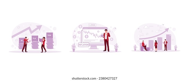 Businessman working with laptop. Tired and a lot of work. Frustrated because of many problems. Frustrated concept. set trend modern vector flat illustration