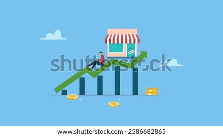 Businessman working with laptop under his store on growing graph and chart. Online marketing concept. Success small business, entrepreneur growing retail store, marketing growth, business owner.