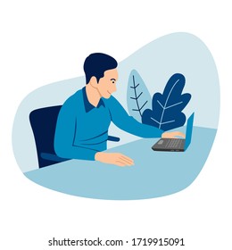 Businessman working with laptop. Vector character design flat illustration