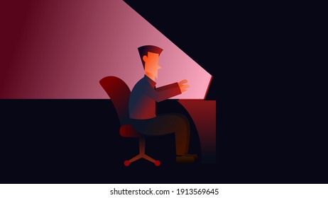 Businessman working late night. Overtime or Deadline. Stressed at work. Business Concept. Vector illustration