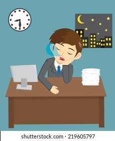 Businessman Working Late And Sleeping In Office