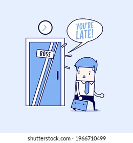 Businessman working late. Walking through the boss room and was warned by boss. Cartoon character thin line style vector.
