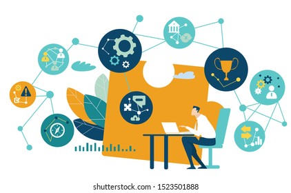 Businessman working long hours.  Business developing and support,  brainstorming, thinking people. Global business, logistics, concept illustration