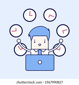 Businessman working with many clocks. Cartoon character thin line style vector.