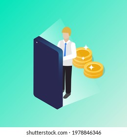 Businessman is working with mobile app, receiving or paying money . Internet investments and bank accounts. Vector isometric concept