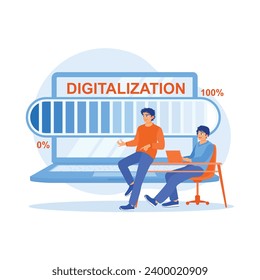 Businessman working in modern office. Digital world concept with digitalization word hologram and loading bar element icons on laptop keyboard background.