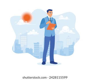 A businessman is working in a modern office using a tablet. Digital business concept. Flat vector illustration.