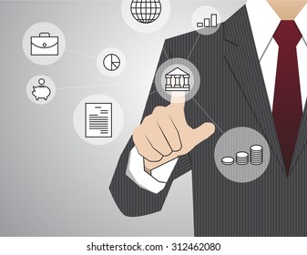 Businessman working with modern virtual technology, hand touching banking