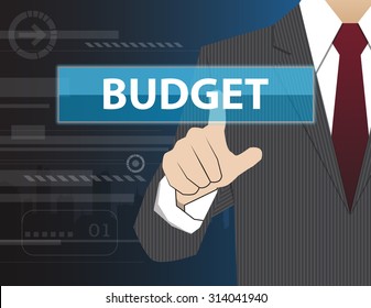 Businessman working with modern virtual technology, hand touching BUDGET
