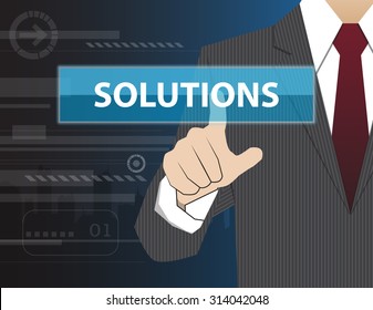 Businessman working with modern virtual technology, hand touching SOLUTIONS