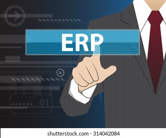 Businessman working with modern virtual technology, hand touching ERP (or Enterprise Resource Planning) 