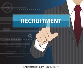 Businessman working with modern virtual technology, hand touching RECRUITMENT