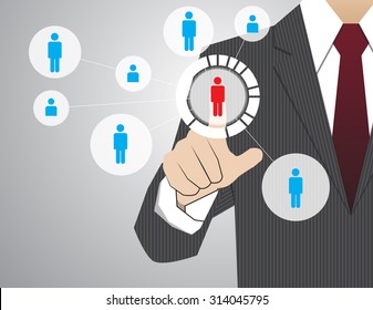 Businessman working with modern virtual technology, hand touching  pointing to businessman icon in the middle that linked with each other as network - HR,HRM,HRD, teamwork & leadership concept