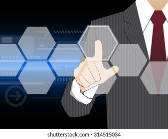 Businessman working with modern virtual technology, hand touching  pointing to businessman icon in the middle that linked with each other as network - HR,HRM,HRD, teamwork & leadership concept