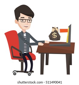 Businessman working in office and bag of money coming out of laptop. Man earning money from online business. Online business concept. Vector flat design illustration isolated on white background.