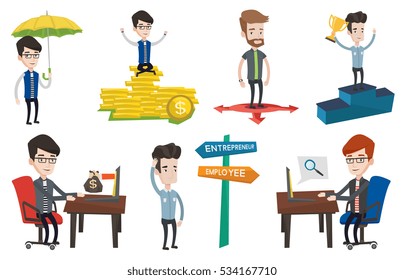 Businessman working in office and bag of money coming out of laptop. Man earning money from online business. Online business concept. Set of vector flat illustrations isolated on white background.