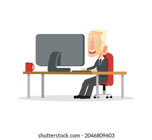 Businessman  working in office behind her desk with desktop computer and coffee cartoon