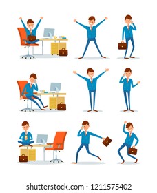 Businessman working in office, ceo with briefcase running to work vector. People in business, man talking on phone, leader with happy face smiling