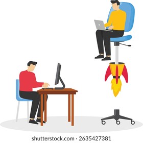 A businessman is working in an office chair and another businessman is working in an office chair in a rocket jet, fast completion of work and efficient work planning, work efficiency contrast stock i