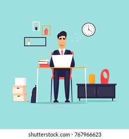 Businessman working in the office at the computer, workplace, interior. Flat design vector illustration.