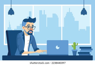 A Businessman is Working in The Office Flat Design Vector Illustration