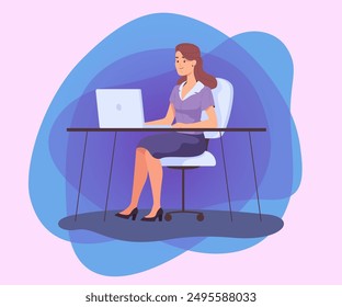 Empresario trabajando en Ilustración vectorial plana de oficina. Empleada seria en ropa formal sentada en el escritorio y trabajando en la computadora portátil. Lugar de trabajo, trabajo, concepto de oficina